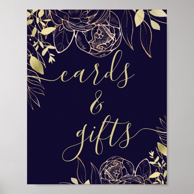 Navy Blue and Gold Modern Floral Cards & Gifts Poster (Front)