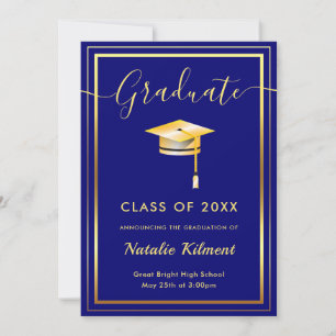 Navy Blue and Gold Modern Graduate Cap Graduation Announcement