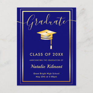 Navy Blue and Gold Modern Graduate Cap Graduation Announcement Postcard