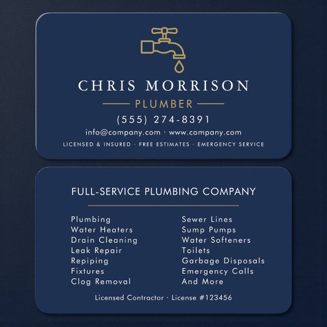 Navy Blue and Gold Modern Plumbing Business Card (Creator Uploaded)