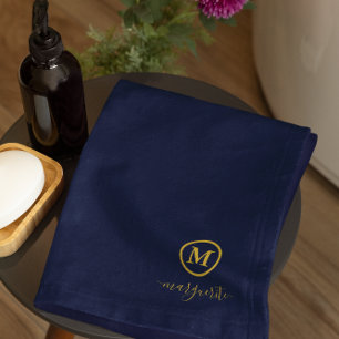 Navy Blue and Gold Monogram Bath Towel Set