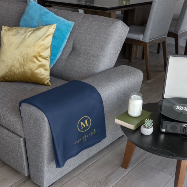Navy Blue and Gold Monogram Fleece Blanket (Creator Uploaded)