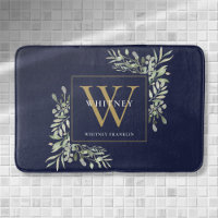 Navy Blue And Gold Monogram Greenery Leaves