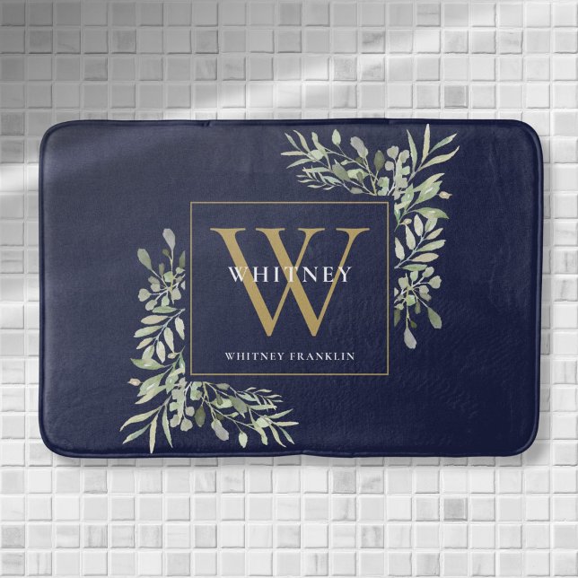 Navy Blue And Gold Monogram Greenery Leaves Bath Mat (Navy Blue And Gold Monogram Greenery Leaves Bath Mat)