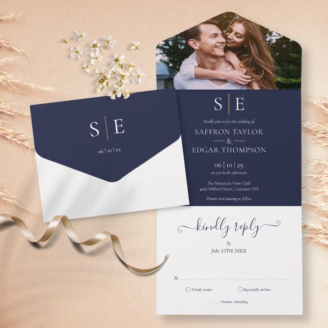 Navy Blue And Gold Monogram Photo Wedding All In One Invitation (Creator Uploaded)