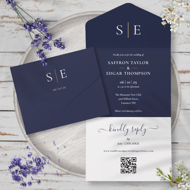 Navy Blue And Gold Monogram QR Code Wedding All In One Invitation (Navy Blue And Gold Monogram QR Code Wedding All In One Invitation)