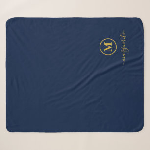 Navy Blue and Gold Monogram Sherpa Blanket