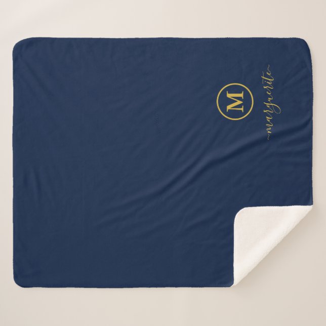 Navy Blue and Gold Monogram Sherpa Blanket (Front (Horizontal))