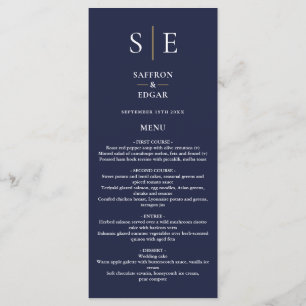 Navy Blue And Gold Monogram Wedding Dinner Menu