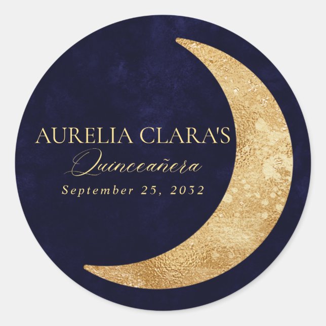 Navy blue and Gold Moon Quinceañera Classic Round Sticker (Front)