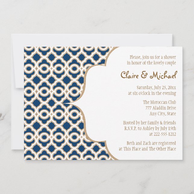 Navy Blue and Gold Moroccan Couples Wedding Shower Invitation (Front)