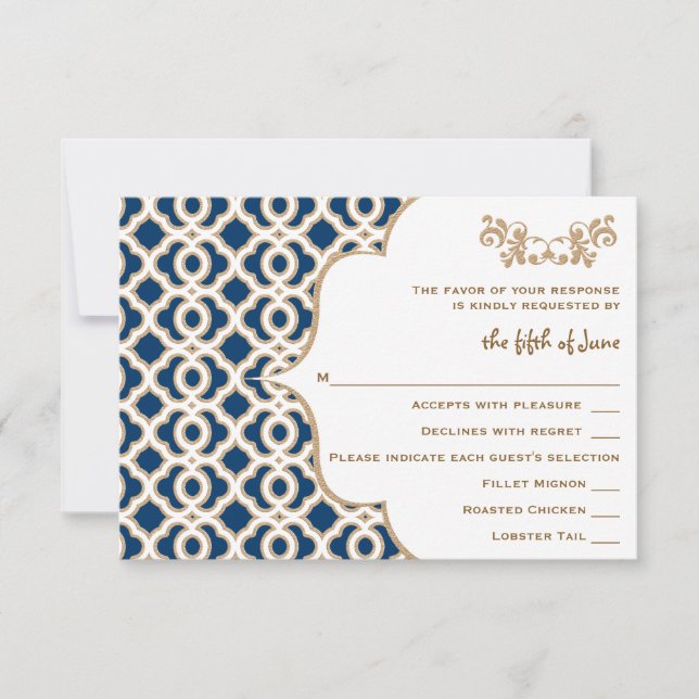 Navy Blue and Gold Moroccan Wedding Response Cards (Front)