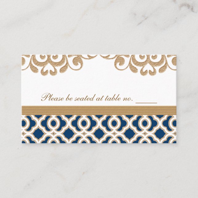 Navy Blue and Gold Moroccan Wedding Table Place Card (Front)