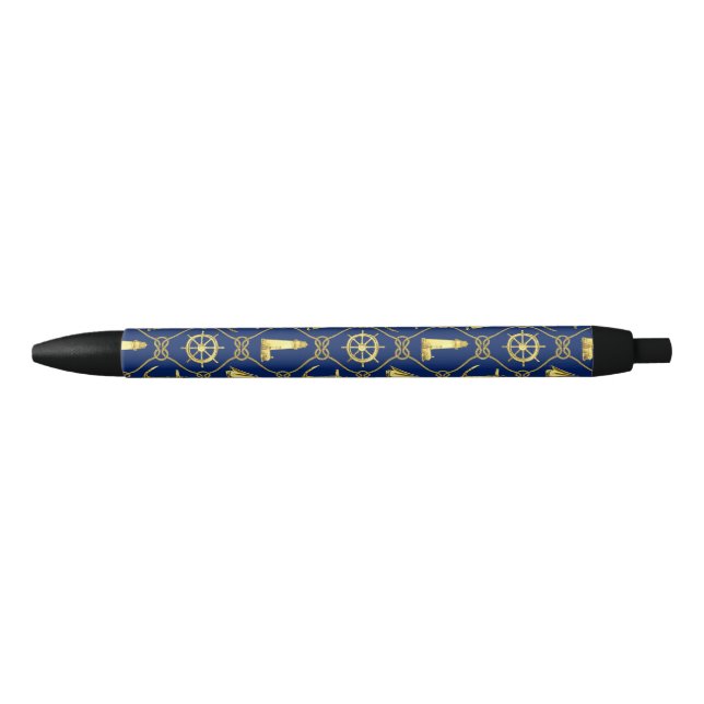 Navy Blue and Gold Nautical Black Ink Pen (Front)