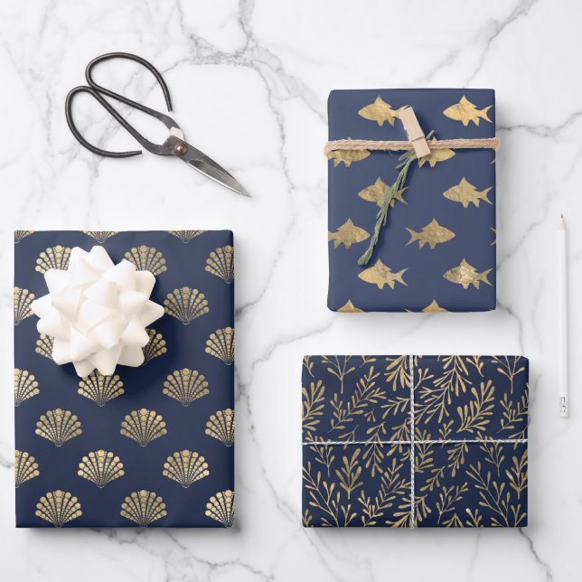 Navy blue and gold nautical mermaid ocean seamless wrapping paper sheet (Front)