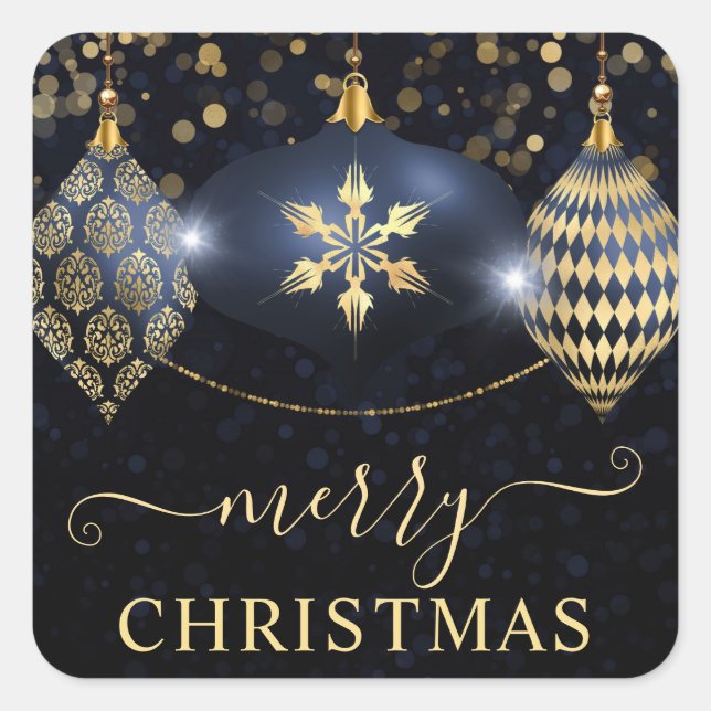 Navy Blue and Gold Ornaments Baubles Christmas Square Sticker (Front)