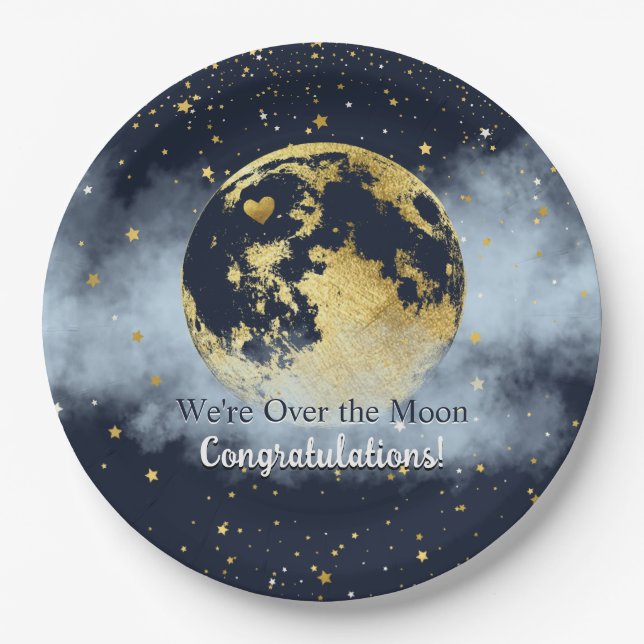 Navy Blue and Gold Over the Moon Congratulations Paper Plate (Front)