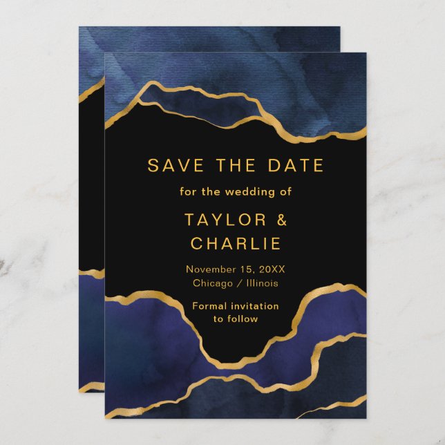 Navy Blue and Gold Painted Agate Save the Date (Front/Back)