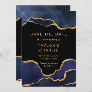 Navy Blue and Gold Painted Agate Save the Date