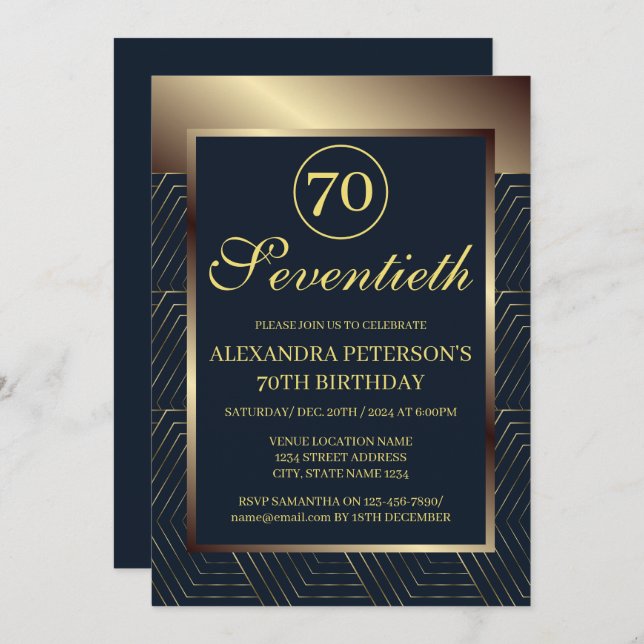 Navy Blue And Gold Patterned Border Birthday Invitation (Front/Back)