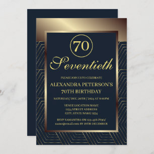 Navy Blue And Gold Patterned Border Birthday Invitation