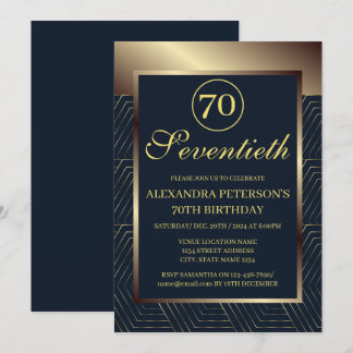 Navy Blue And Gold Patterned Border Birthday Invitation