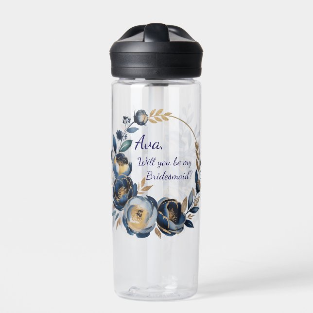 Navy Blue and Gold Peony Flower Wedding Bridesmaid Water Bottle (Front)