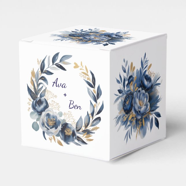 Navy Blue and Gold Peony Flower Wedding Favour Box (Front Side)