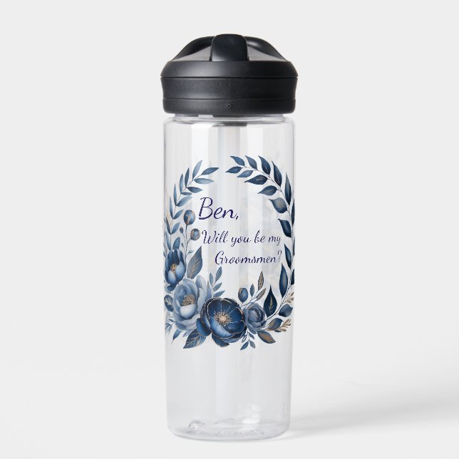 Navy Blue and Gold Peony Flower Wedding Groomsmen Water Bottle (Front)