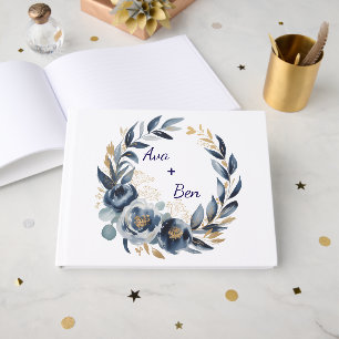 Navy Blue and Gold Peony Flower Wedding Guest Book