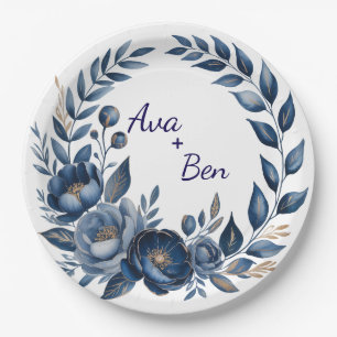 Navy Blue and Gold Peony Flower Wedding Paper Plate