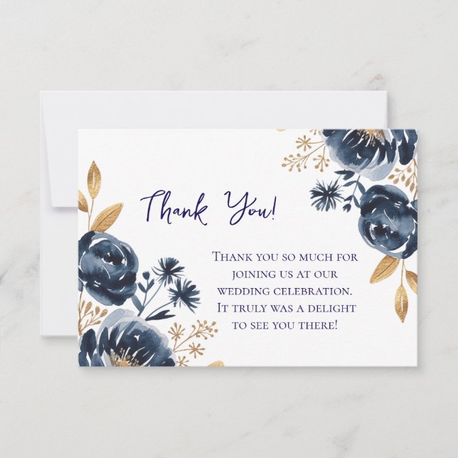 Navy Blue and Gold Peony Wedding Thank You Card (Front)