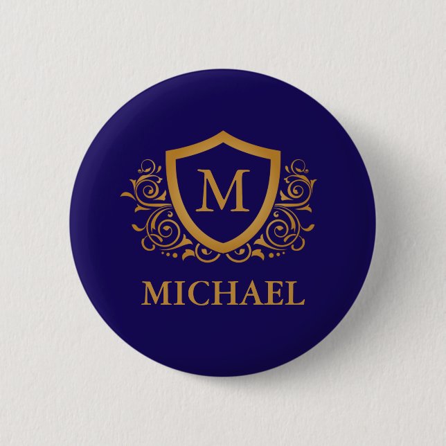 Navy Blue and Gold Personalised Monogram Name 6 Cm Round Badge (Front)