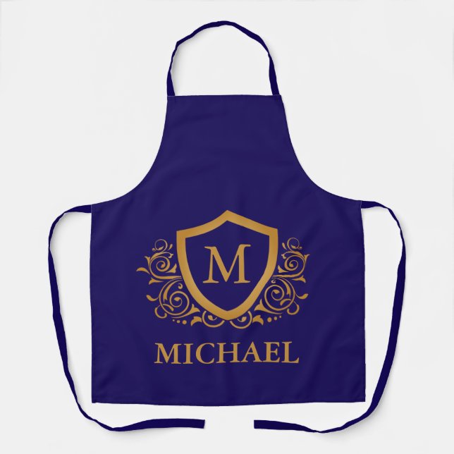 Navy Blue and Gold Personalised Monogram Name Apron (Front)