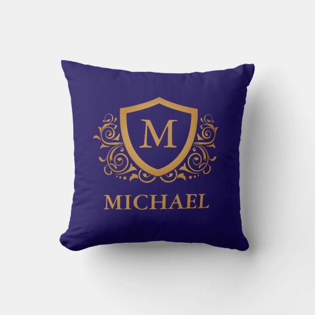 Navy Blue and Gold Personalised Monogram Name Cushion (Front)