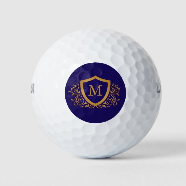 Navy Blue and Gold Personalised Monogram Name Golf Balls (Front)