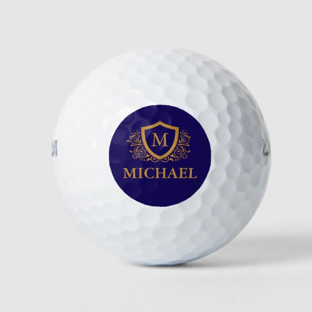 Navy Blue and Gold Personalised Monogram Name Golf Balls (Front)