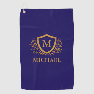 Navy Blue and Gold Personalised Monogram Name Golf Towel