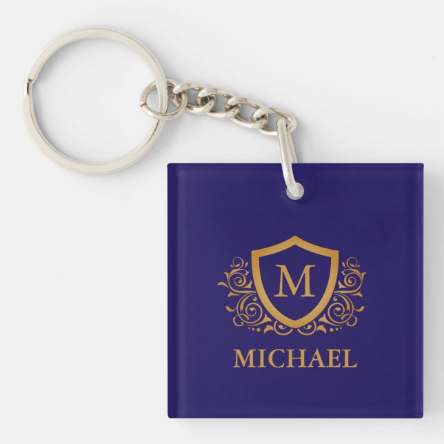 Navy Blue and Gold Personalised Monogram Name Key Ring (Front)