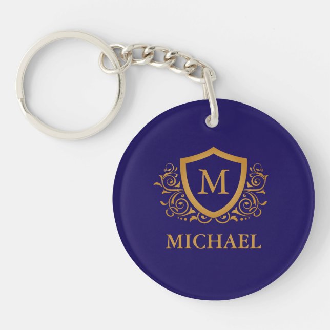 Navy Blue and Gold Personalised Monogram Name Key Ring (Front)