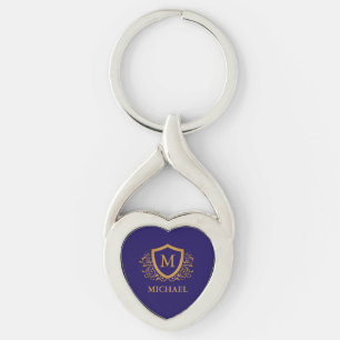 Navy Blue and Gold Personalised Monogram Name Key Ring