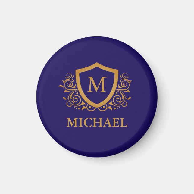 Navy Blue and Gold Personalised Monogram Name Magnet (Front)