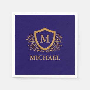 Navy Blue and Gold Personalised Monogram Name Napkin