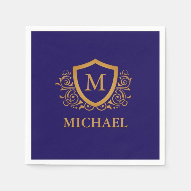 Navy Blue and Gold Personalised Monogram Name Napkin (Front)