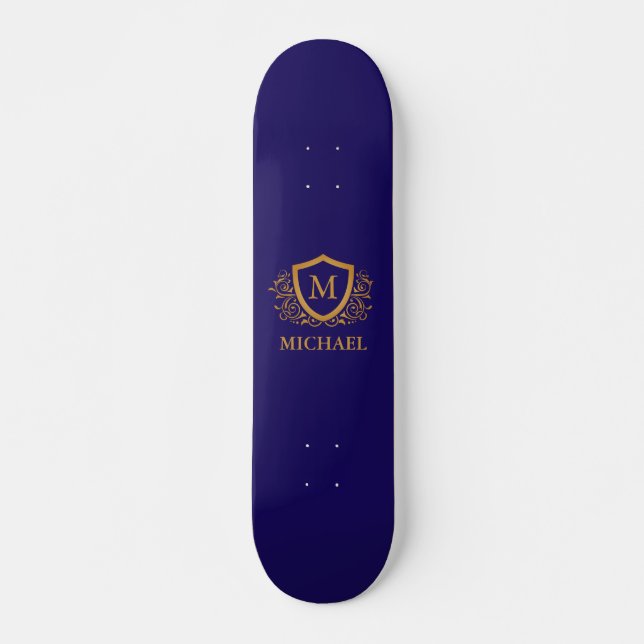 Navy Blue and Gold Personalised Monogram Name Skateboard (Front)