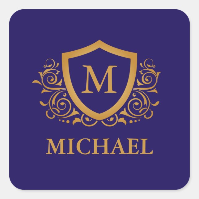 Navy Blue and Gold Personalised Monogram Name Square Sticker (Front)