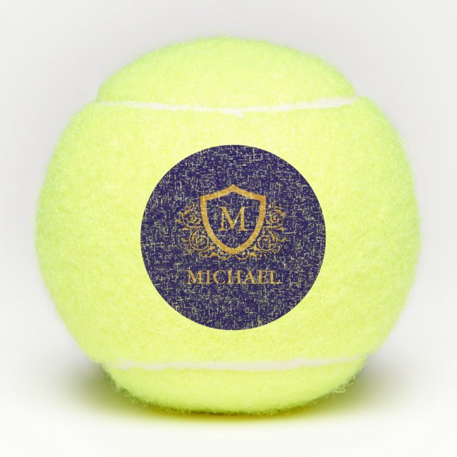 Navy Blue and Gold Personalised Monogram Name Tennis Balls (Front)