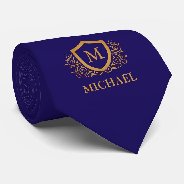 Navy Blue and Gold Personalised Monogram Name Tie (Rolled)