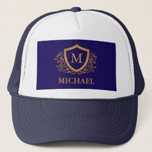 Navy Blue and Gold Personalised Monogram Name Trucker Hat