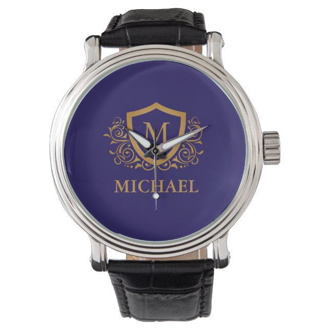 Navy Blue and Gold Personalised Monogram Name Watch (Front)